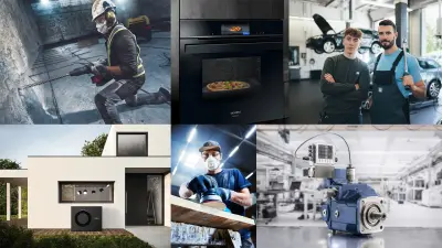Collage von industriellen und Heim-Tech-Szenen – Ofen, Klimagerät, Werkstattwerkzeuge, Hydraulikpumpe